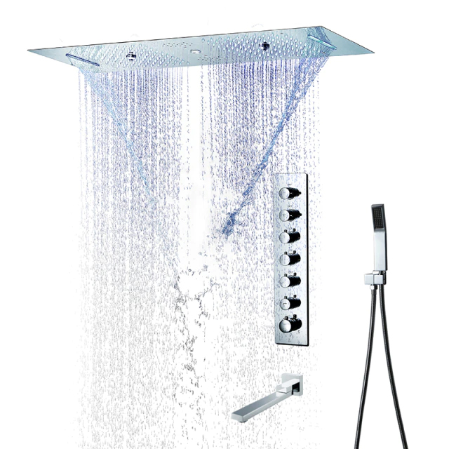 Naples Remote Controlled Thermostatic LED Recessed Ceiling Mount Large Rainfall Waterfall Musical Shower System with Hand Shower